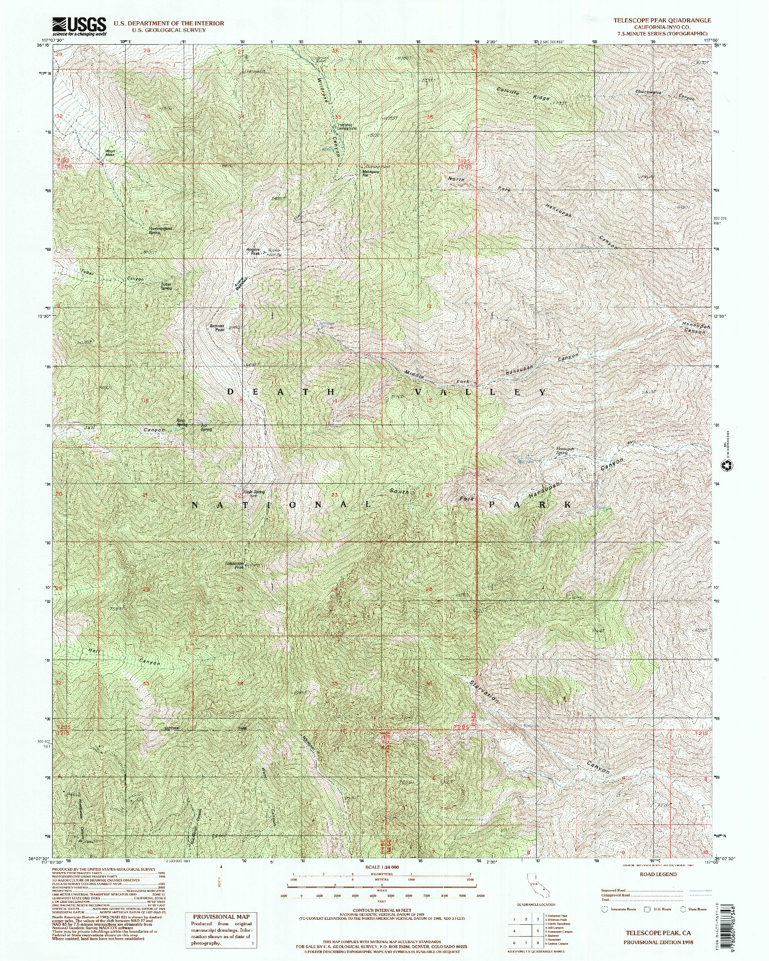 USGS 1:24000-SCALE QUADRANGLE FOR TELESCOPE PEAK, CA 1998