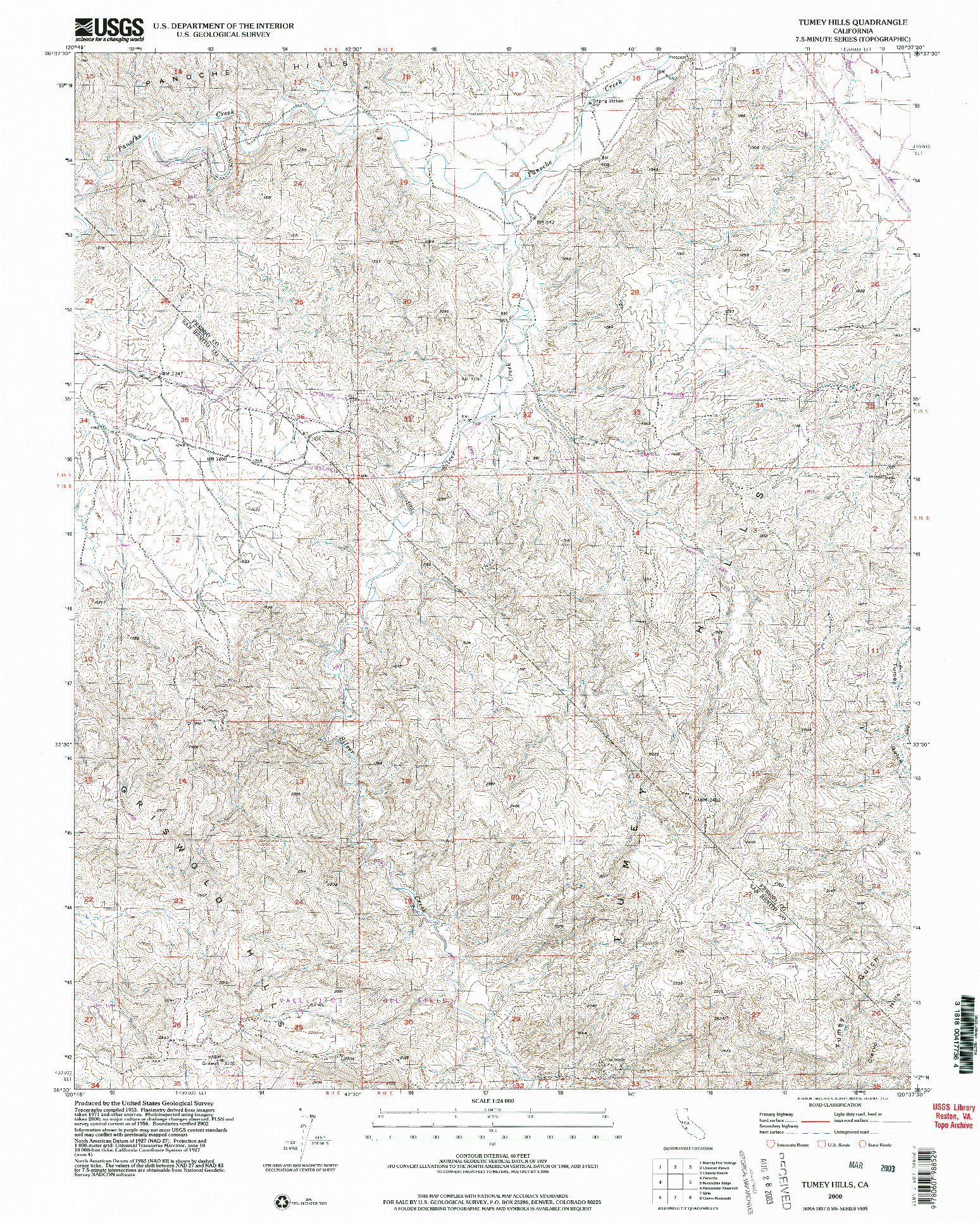 USGS 1:24000-SCALE QUADRANGLE FOR TUMEY HILLS, CA 2000