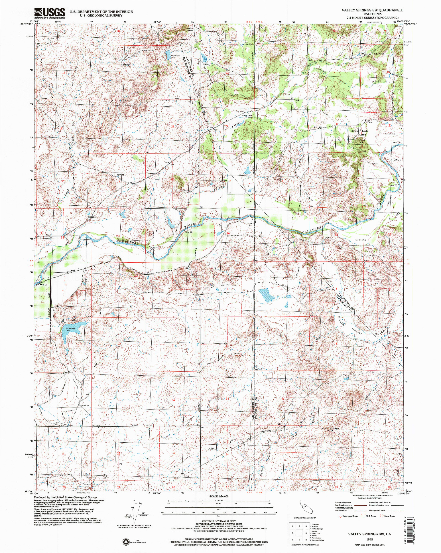 USGS 1:24000-SCALE QUADRANGLE FOR VALLEY SPRINGS SW, CA 1998