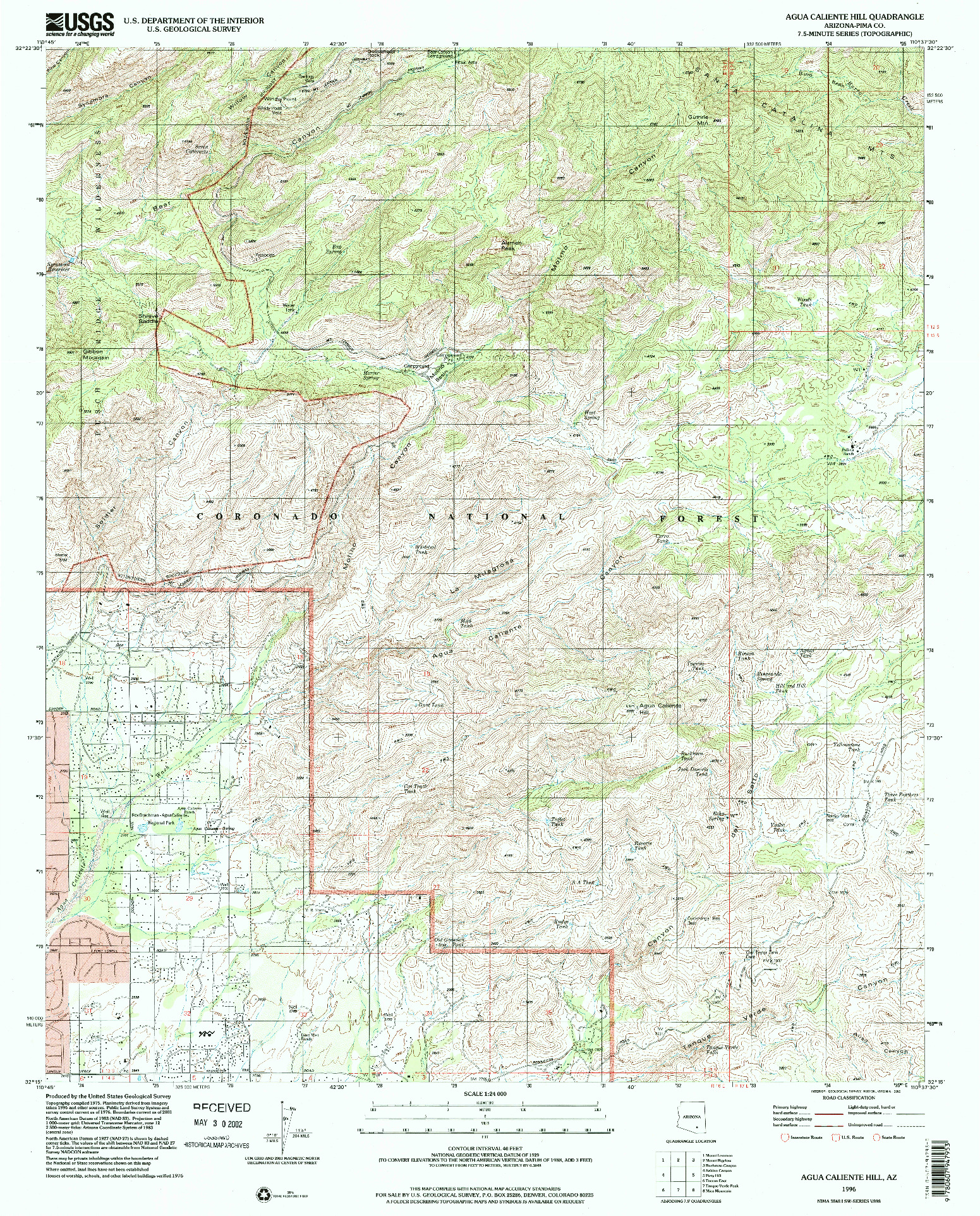 USGS 1:24000-SCALE QUADRANGLE FOR AGUA CALIENTE HILL, AZ 1996