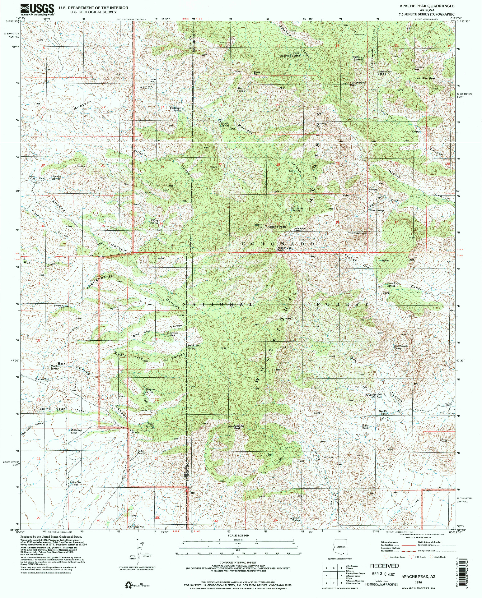 USGS 1:24000-SCALE QUADRANGLE FOR APACHE PEAK, AZ 1996