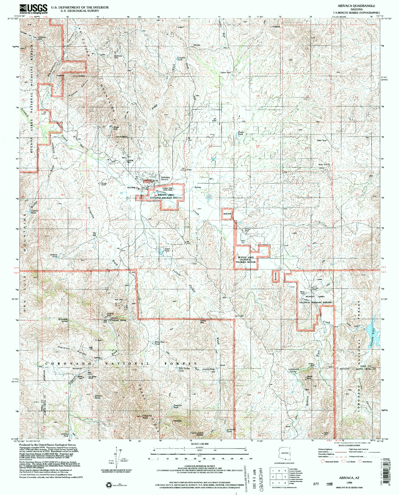 USGS 1:24000-SCALE QUADRANGLE FOR ARIVACA, AZ 1996