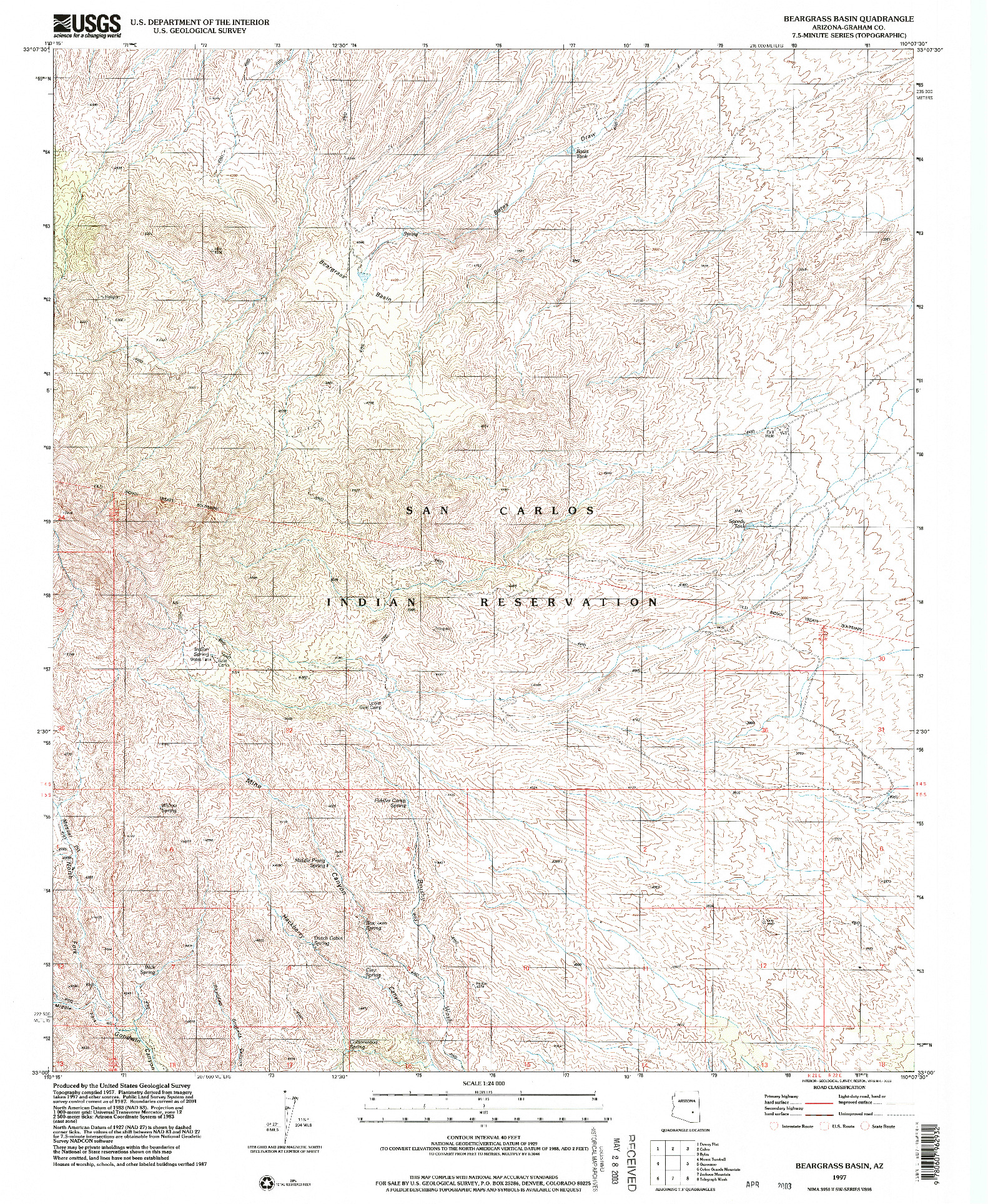 USGS 1:24000-SCALE QUADRANGLE FOR BEARGRASS BASIN, AZ 1997