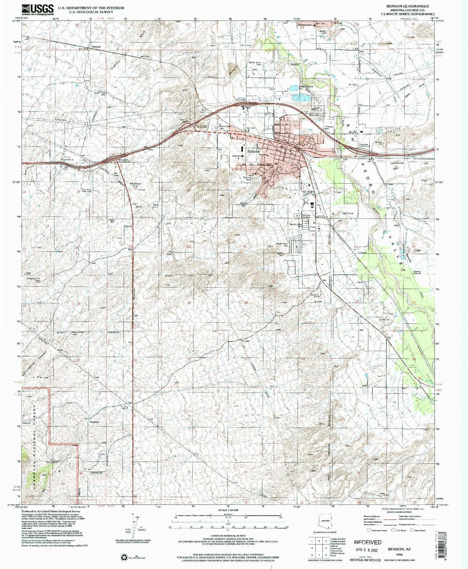 USGS 1:24000-SCALE QUADRANGLE FOR BENSON, AZ 1996