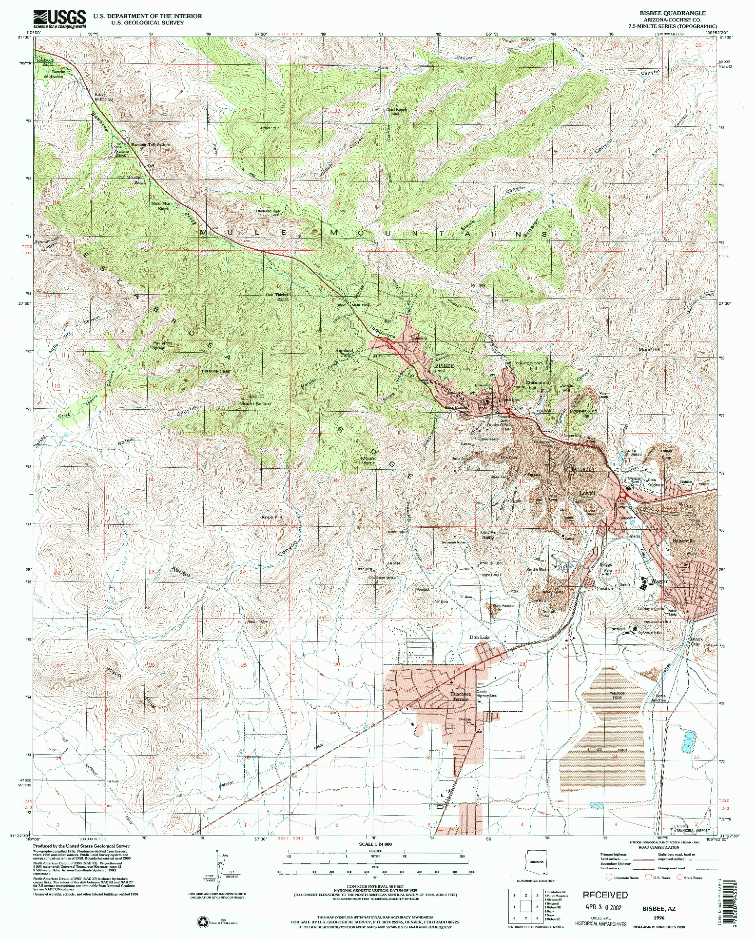 USGS 1:24000-SCALE QUADRANGLE FOR BISBEE, AZ 1996