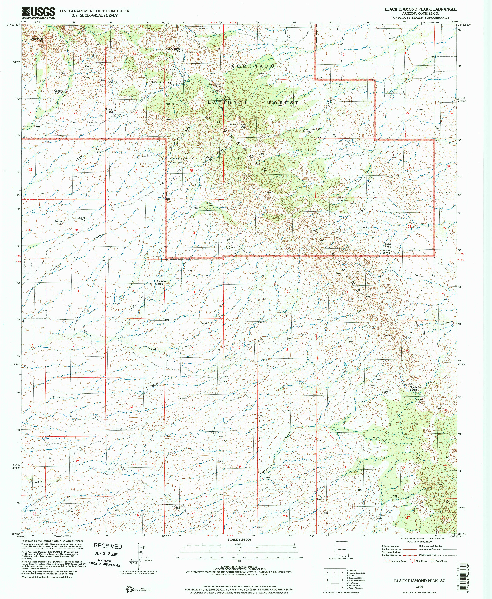 USGS 1:24000-SCALE QUADRANGLE FOR BLACK DIAMOND PEAK, AZ 1996