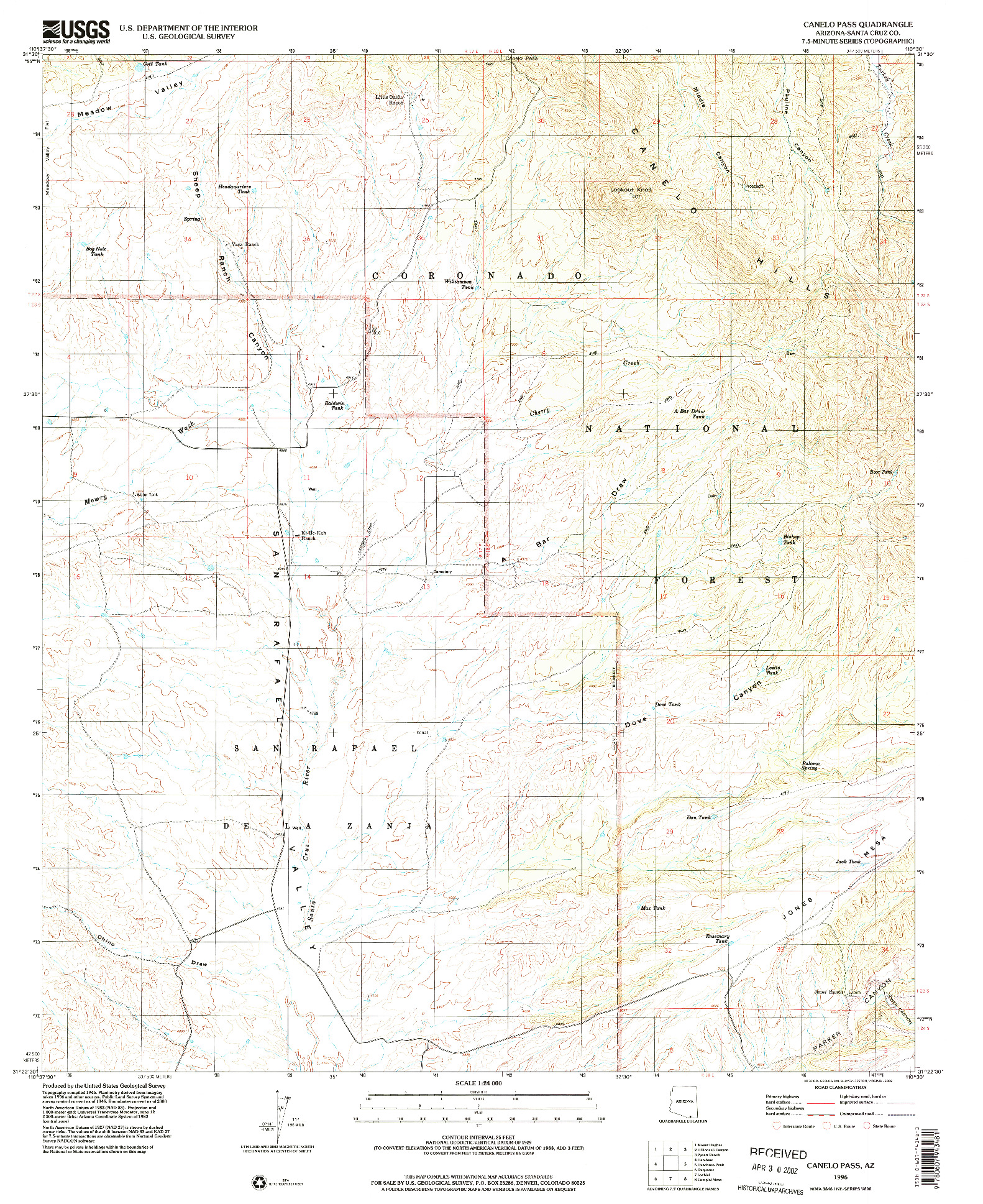USGS 1:24000-SCALE QUADRANGLE FOR CANELO PASS, AZ 1996