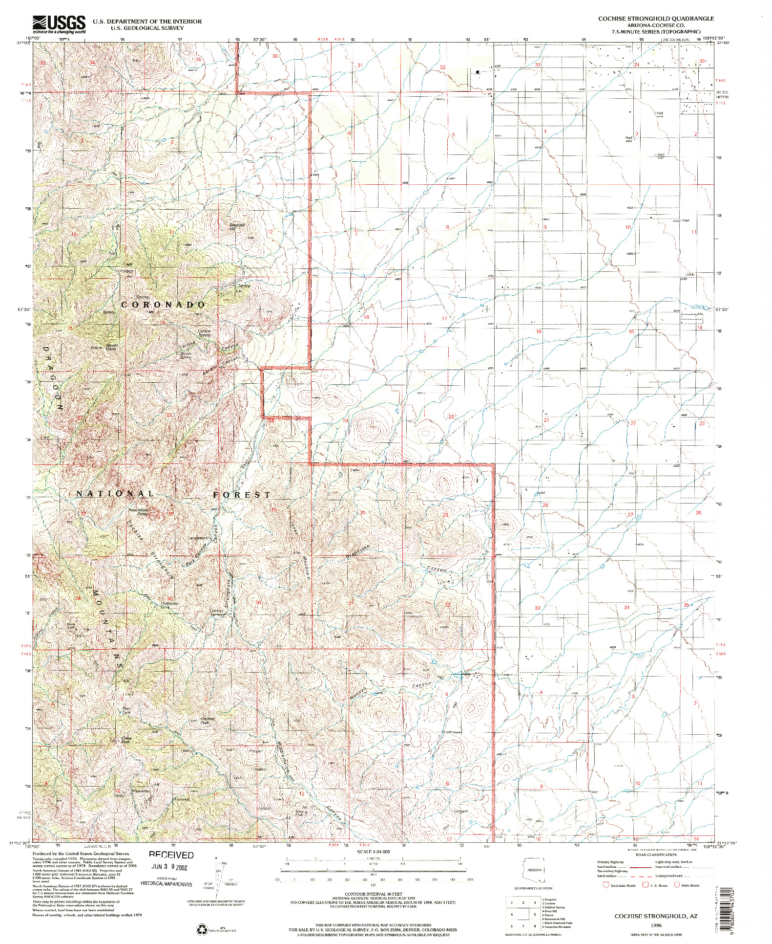 USGS 1:24000-SCALE QUADRANGLE FOR COCHISE STRONGHOLD, AZ 1996