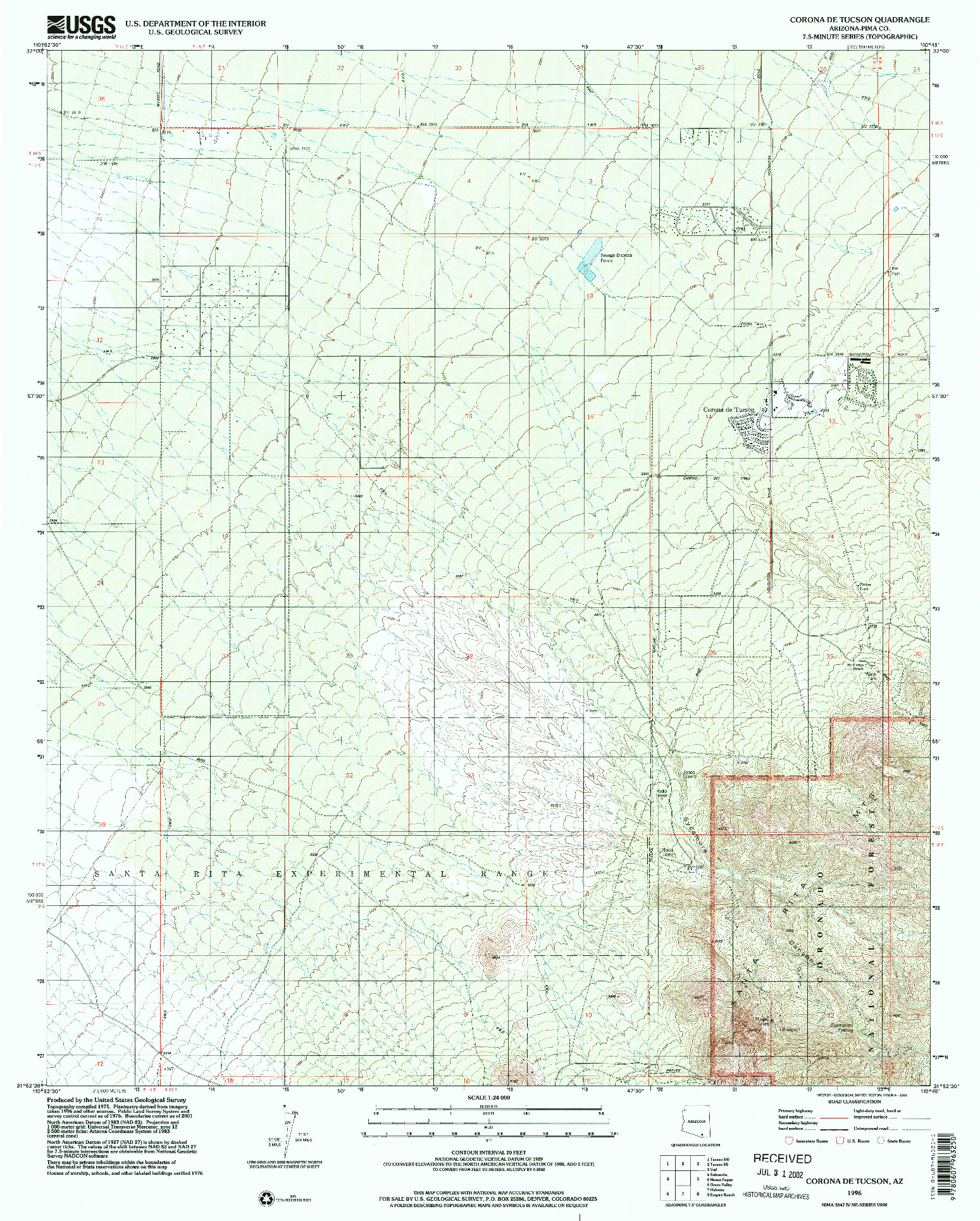 USGS 1:24000-SCALE QUADRANGLE FOR CORONA DE TUCSON, AZ 1996