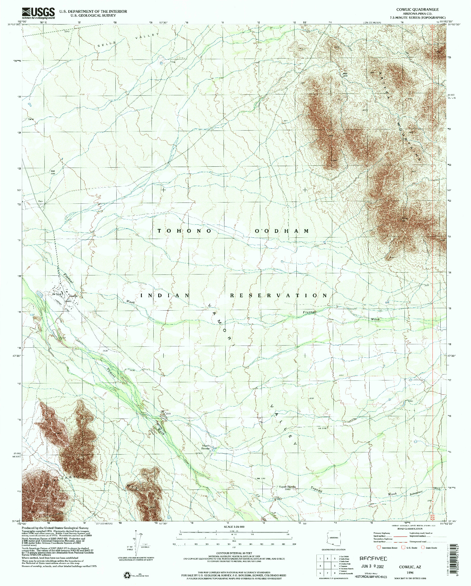 USGS 1:24000-SCALE QUADRANGLE FOR COWLIC, AZ 1996