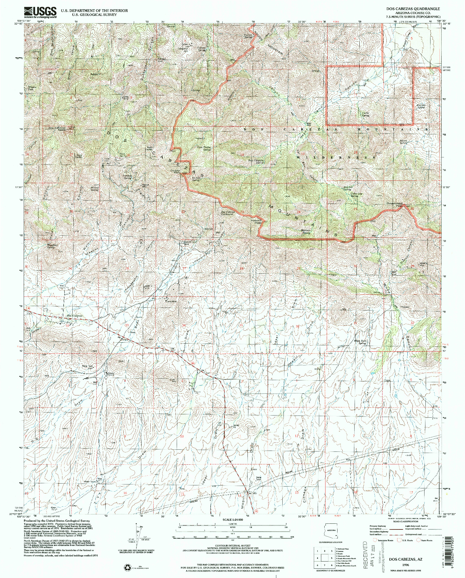 USGS 1:24000-SCALE QUADRANGLE FOR DOS CABEZAS, AZ 1996