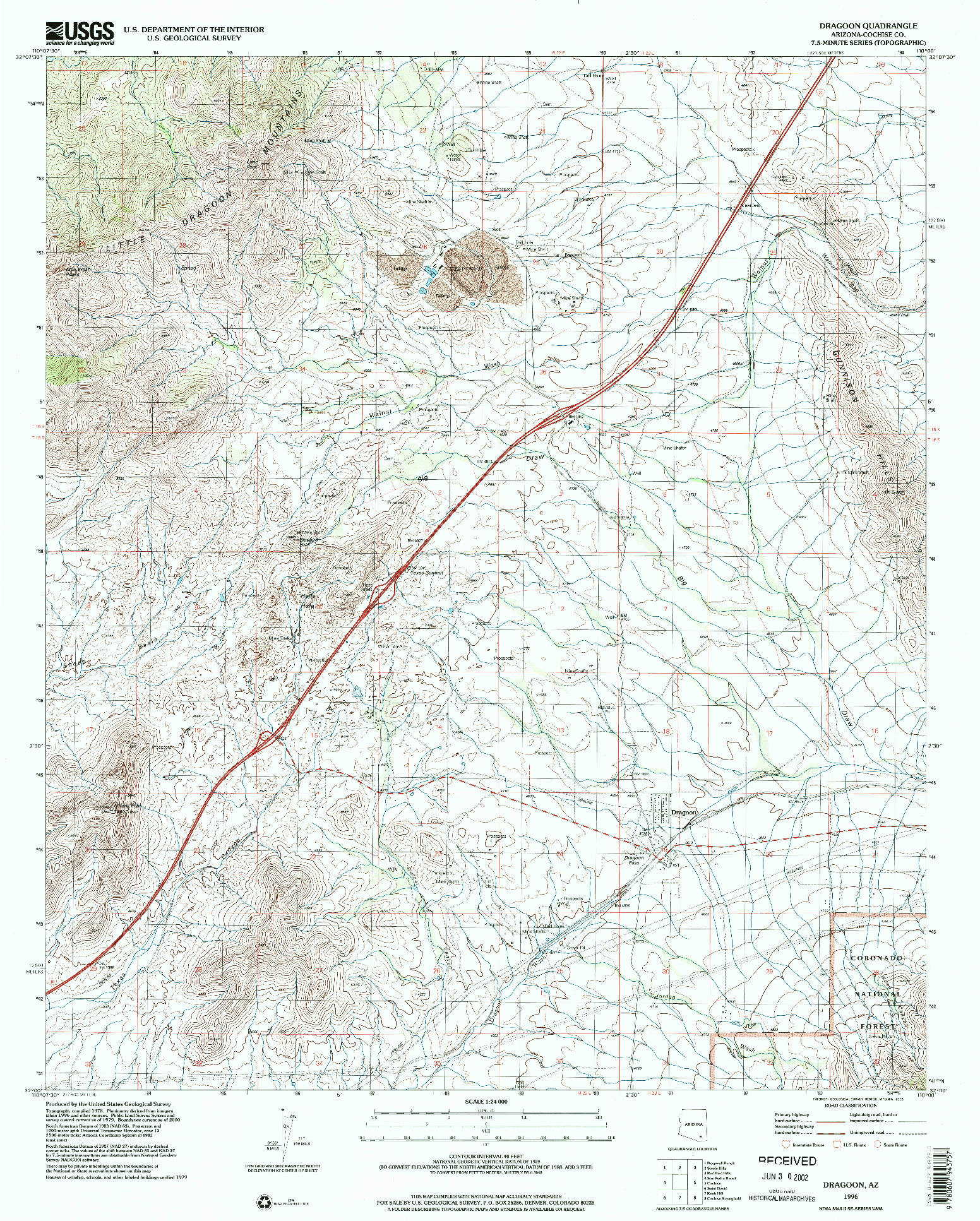 USGS 1:24000-SCALE QUADRANGLE FOR DRAGOON, AZ 1996