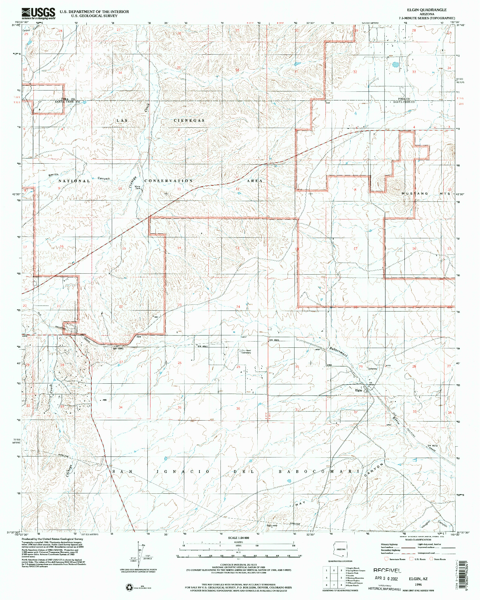 USGS 1:24000-SCALE QUADRANGLE FOR ELGIN, AZ 1996