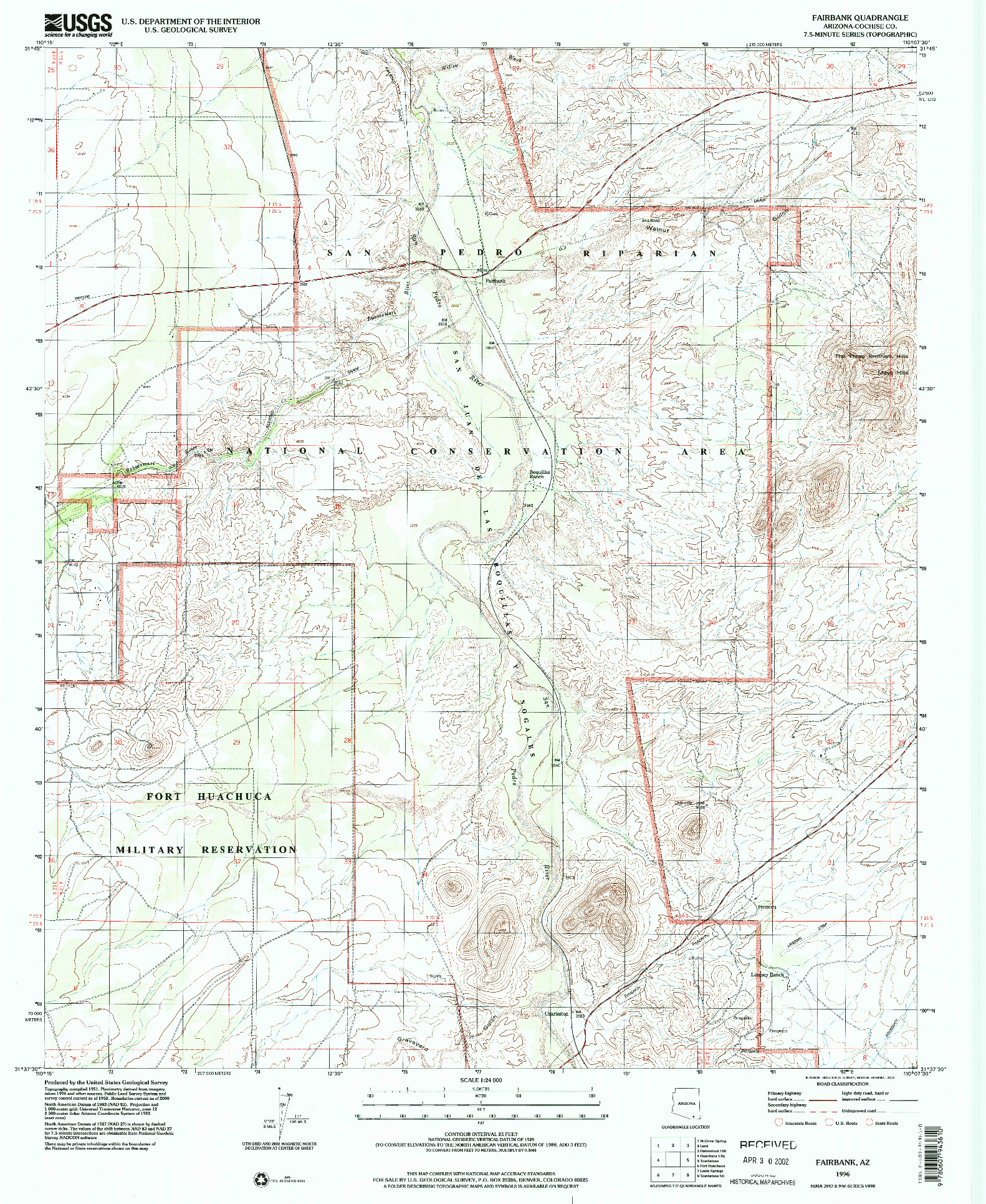 USGS 1:24000-SCALE QUADRANGLE FOR FAIRBANK, AZ 1996
