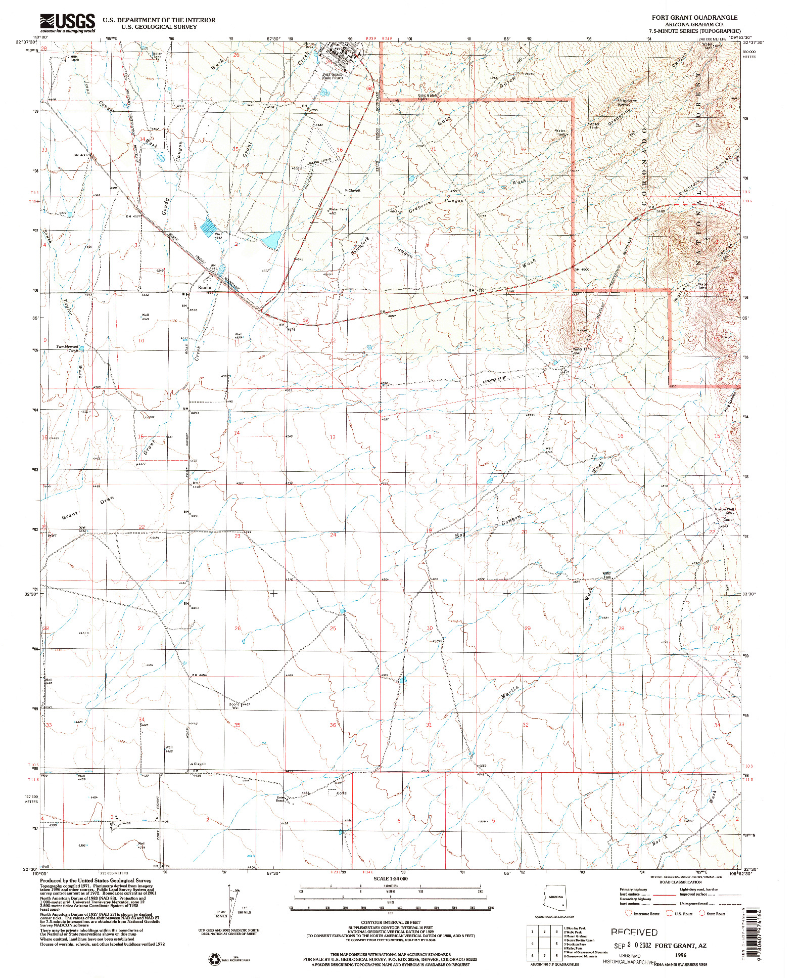 USGS 1:24000-SCALE QUADRANGLE FOR FORT GRANT, AZ 1996