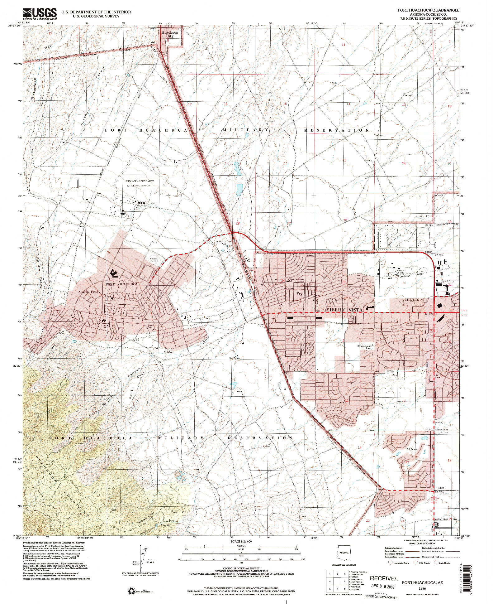 USGS 1:24000-SCALE QUADRANGLE FOR FORT HUACHUCA, AZ 1996