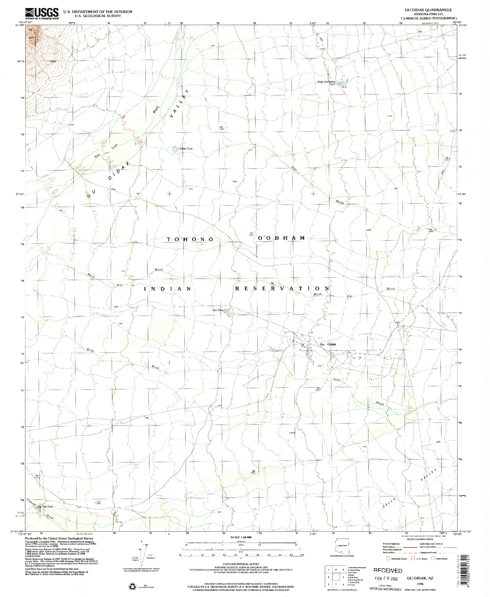 USGS 1:24000-SCALE QUADRANGLE FOR GU OIDAK, AZ 1996