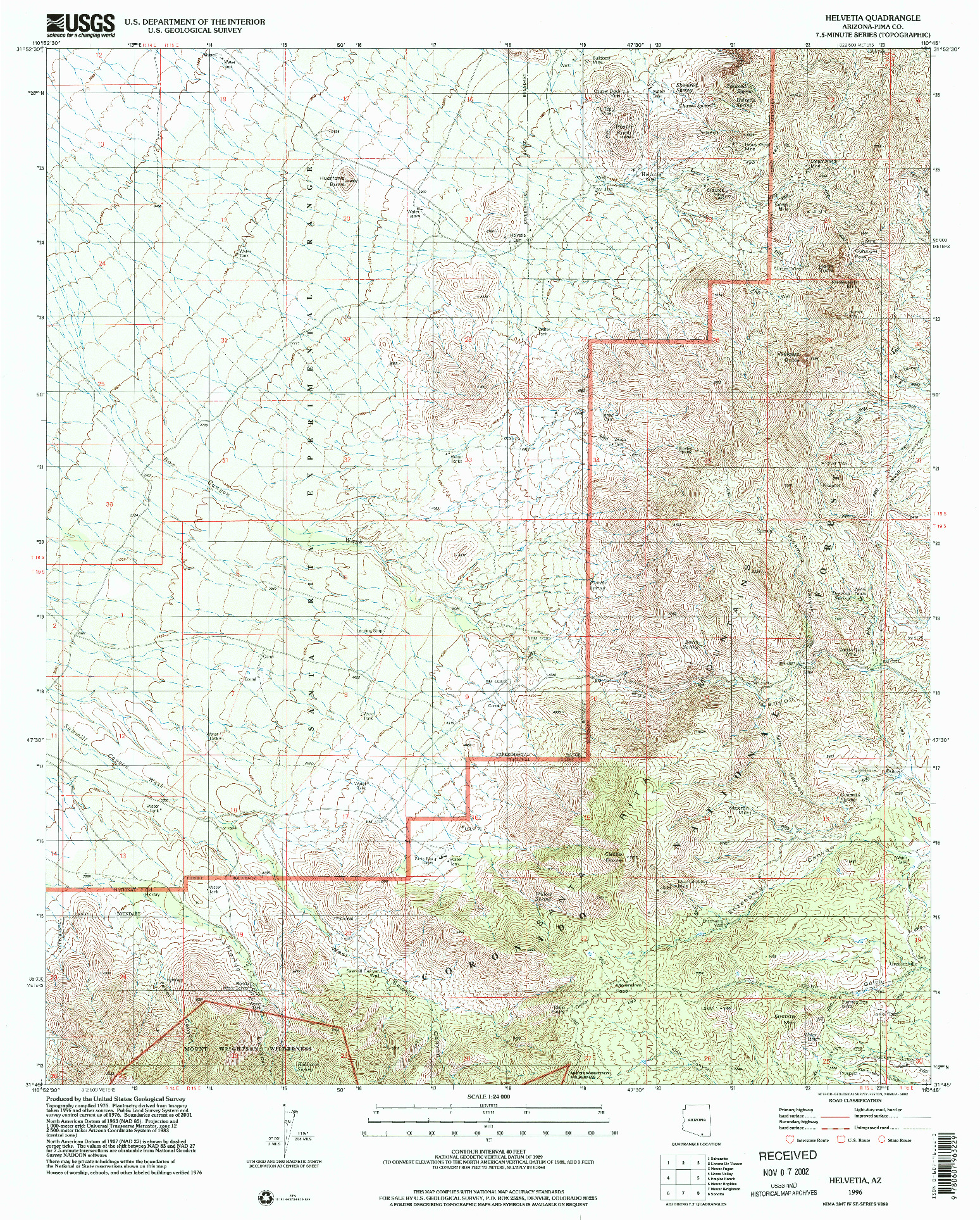 USGS 1:24000-SCALE QUADRANGLE FOR HELVETIA, AZ 1996