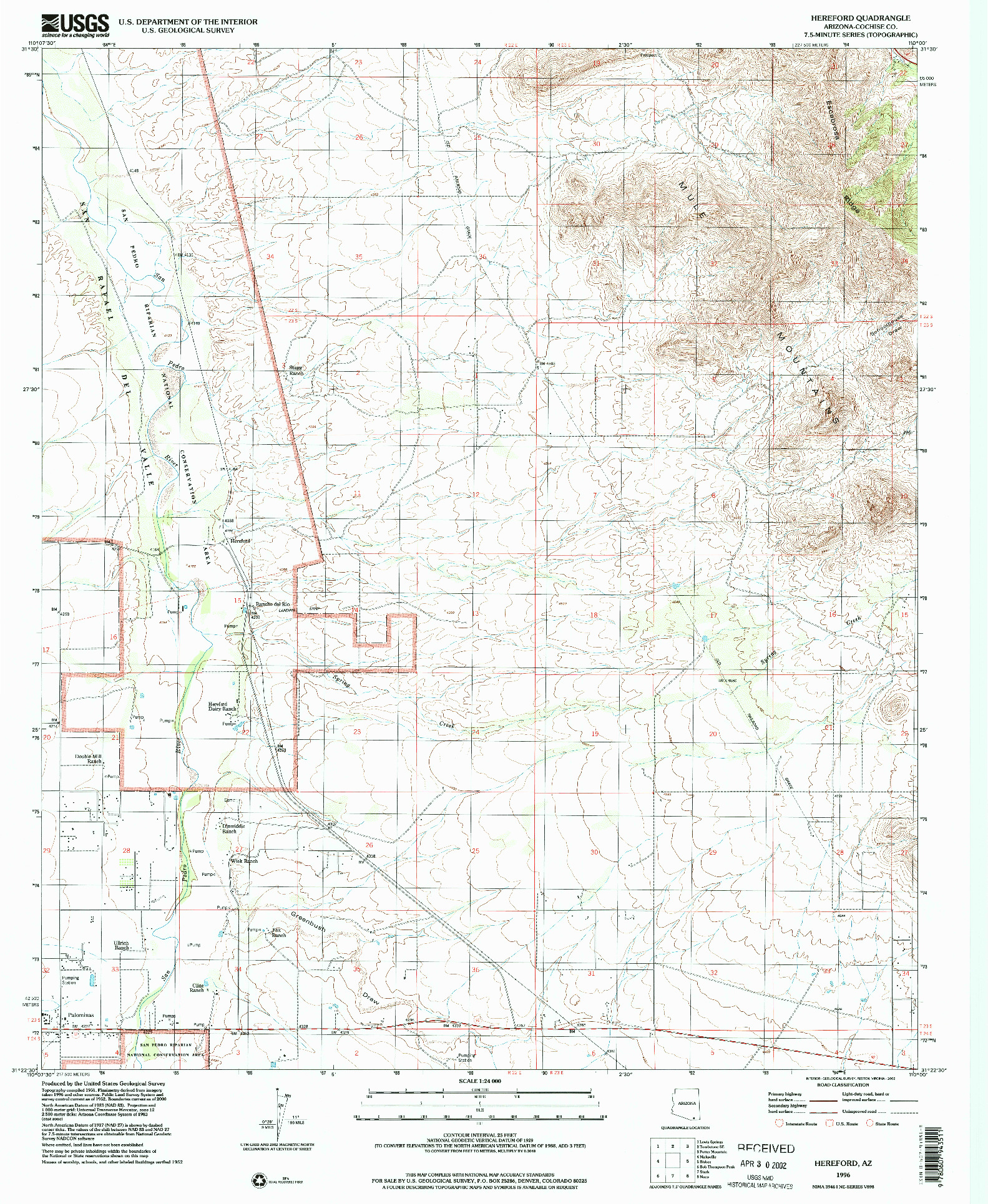 USGS 1:24000-SCALE QUADRANGLE FOR HEREFORD, AZ 1996