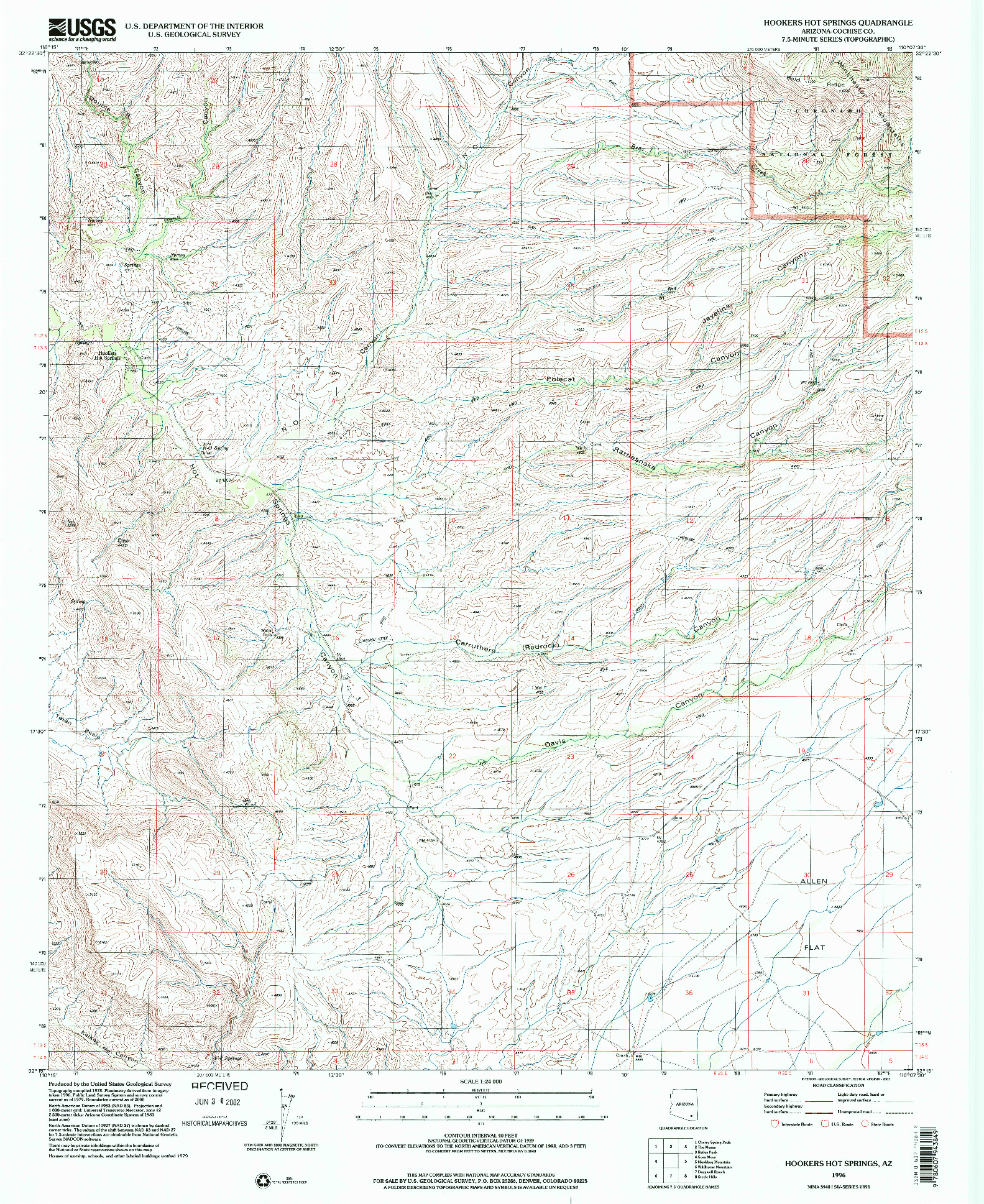 USGS 1:24000-SCALE QUADRANGLE FOR HOOKERS HOT SPRINGS, AZ 1996