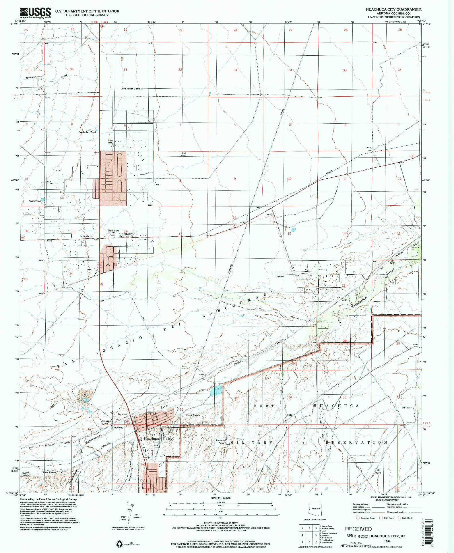 USGS 1:24000-SCALE QUADRANGLE FOR HUACHUCA CITY, AZ 1996