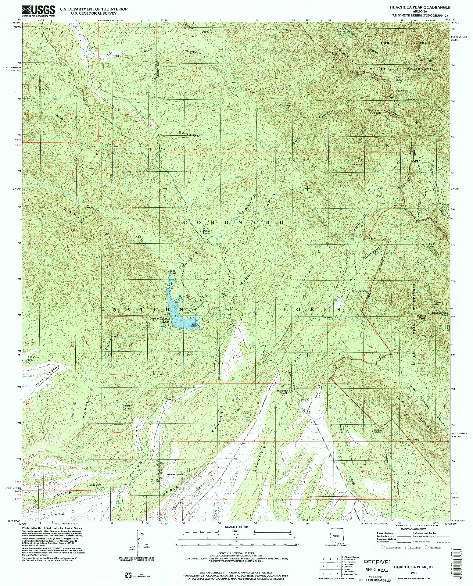 USGS 1:24000-SCALE QUADRANGLE FOR HUACHUCA PEAK, AZ 1996