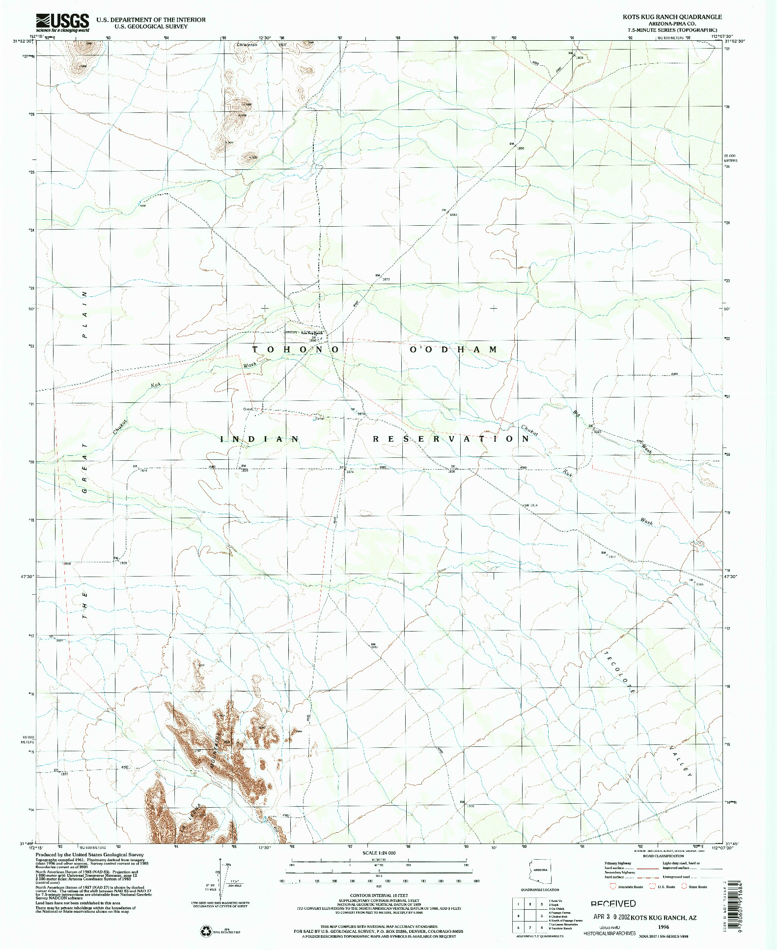 USGS 1:24000-SCALE QUADRANGLE FOR KOTS KUG RANCH, AZ 1996