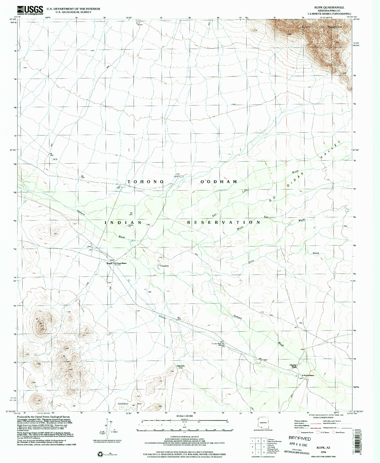 USGS 1:24000-SCALE QUADRANGLE FOR KUPK, AZ 1996