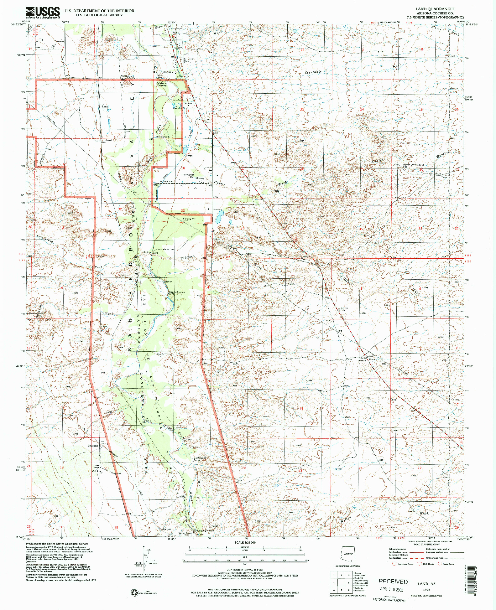 USGS 1:24000-SCALE QUADRANGLE FOR LAND, AZ 1996