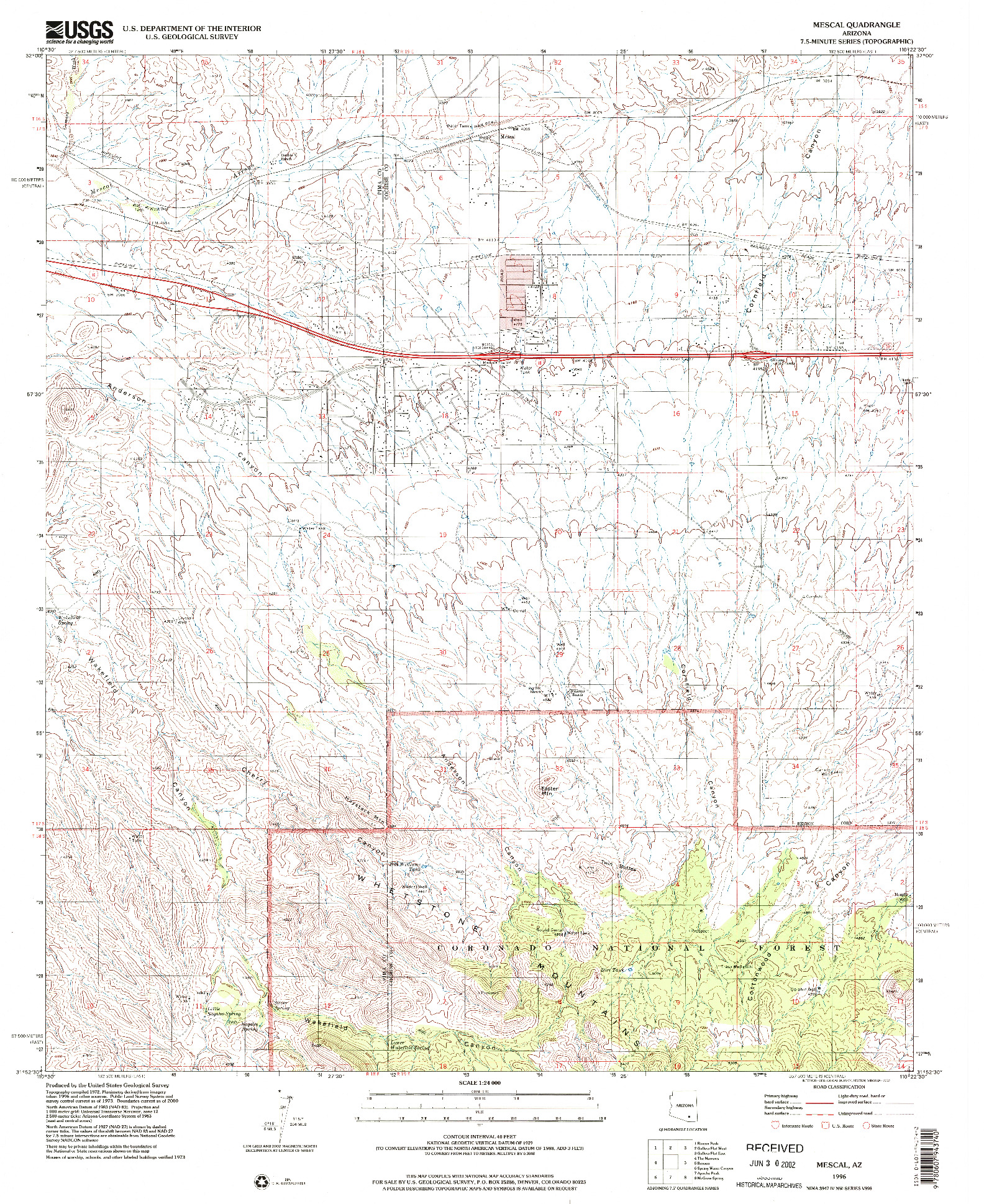 USGS 1:24000-SCALE QUADRANGLE FOR MESCAL, AZ 1996
