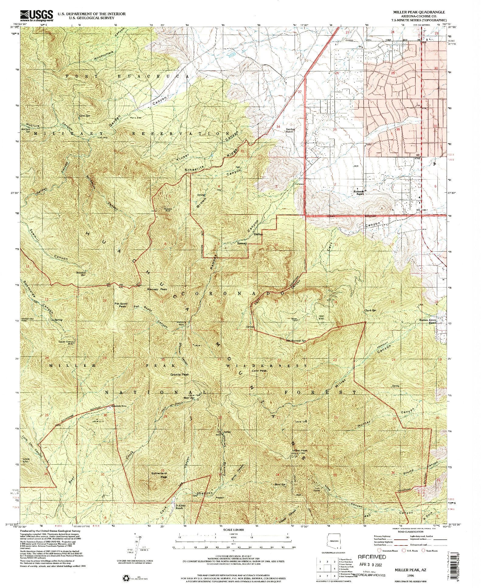 USGS 1:24000-SCALE QUADRANGLE FOR MILLER PEAK, AZ 1996