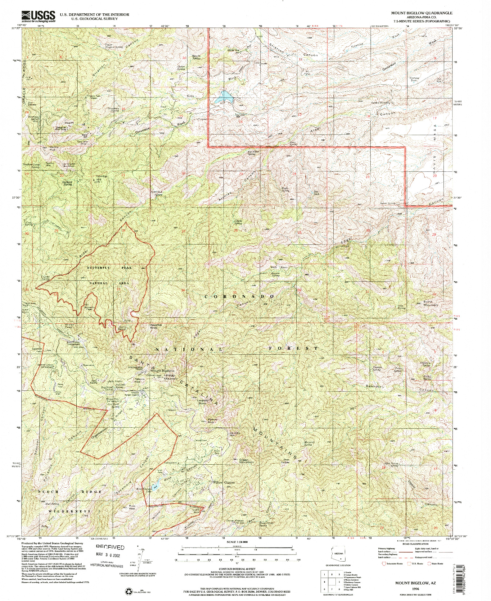 USGS 1:24000-SCALE QUADRANGLE FOR MOUNT BIGELOW, AZ 1996