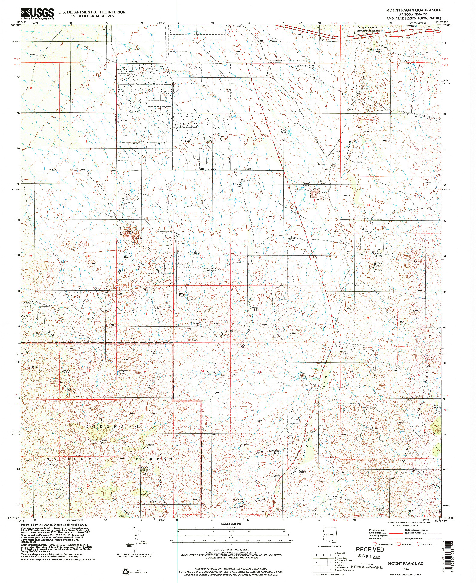 USGS 1:24000-SCALE QUADRANGLE FOR MOUNT FAGAN, AZ 1996