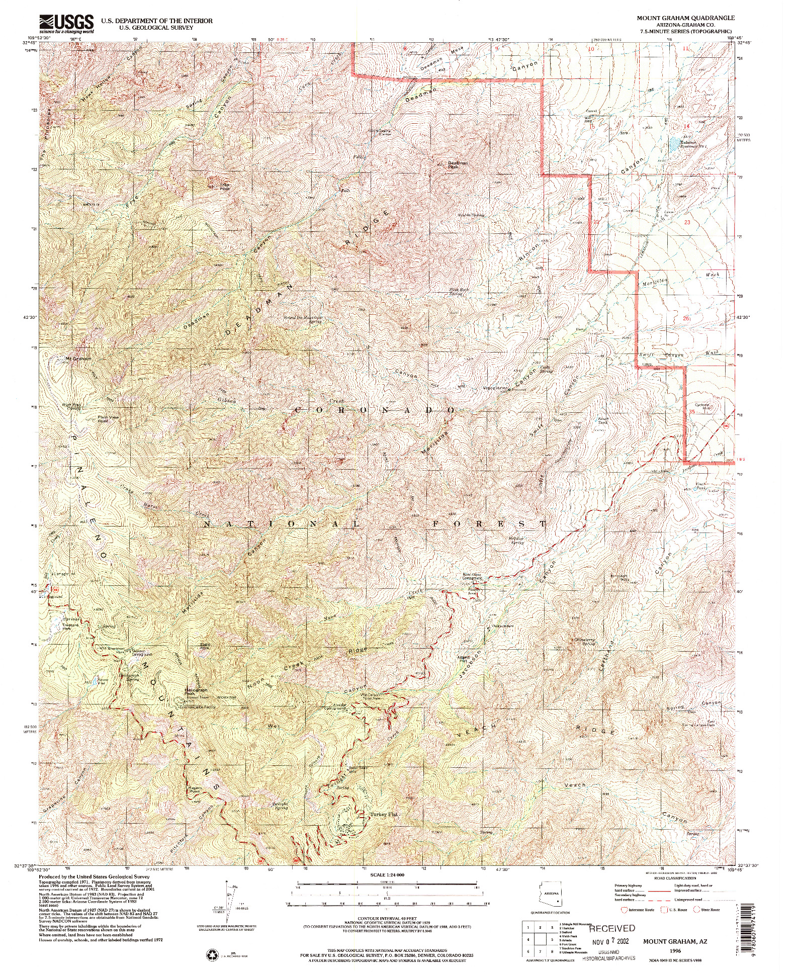 USGS 1:24000-SCALE QUADRANGLE FOR MOUNT GRAHAM, AZ 1996