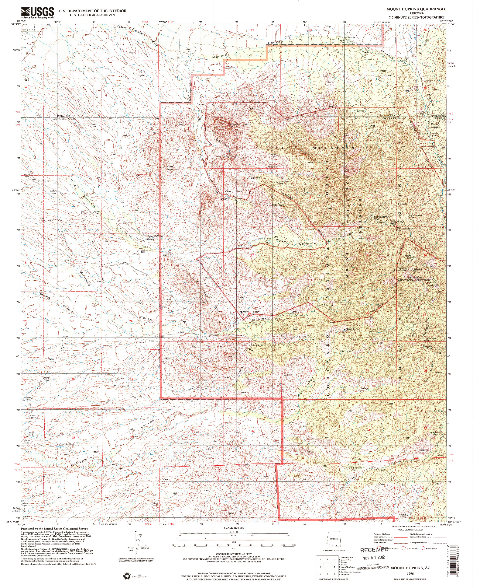 USGS 1:24000-SCALE QUADRANGLE FOR MOUNT HOPKINS, AZ 1996