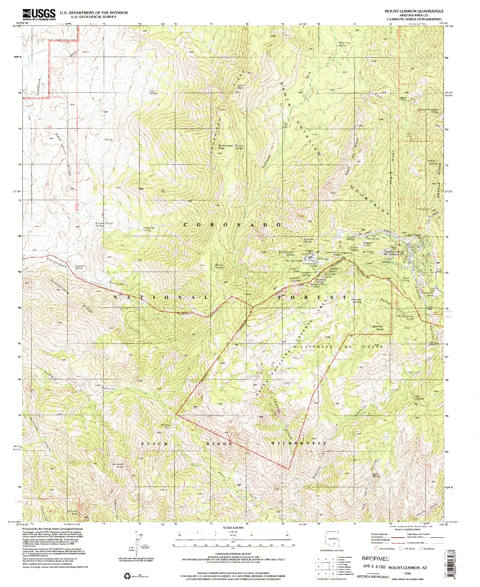 USGS 1:24000-SCALE QUADRANGLE FOR MOUNT LEMMON, AZ 1996