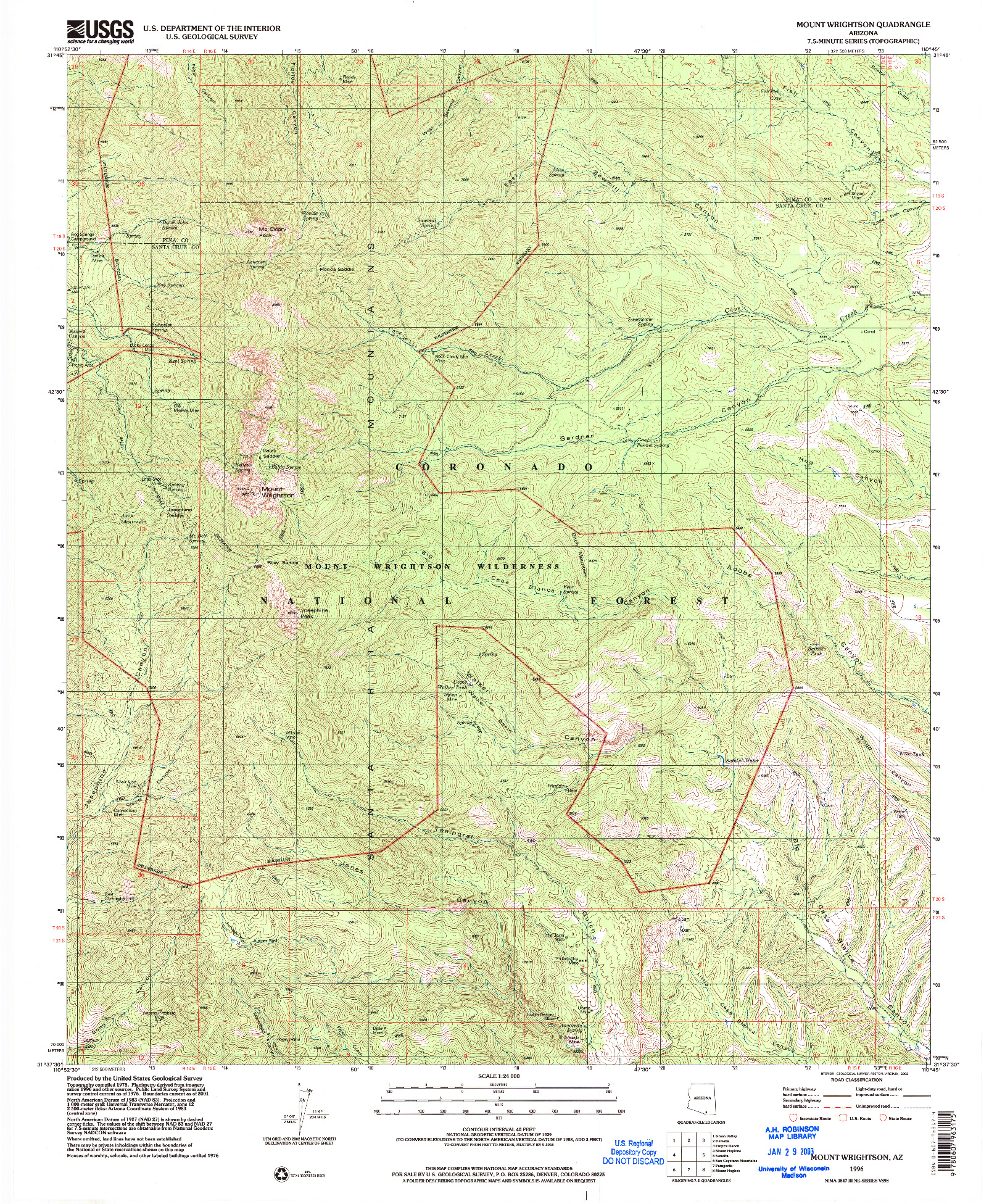 USGS 1:24000-SCALE QUADRANGLE FOR MOUNT WRIGHTSON, AZ 1996