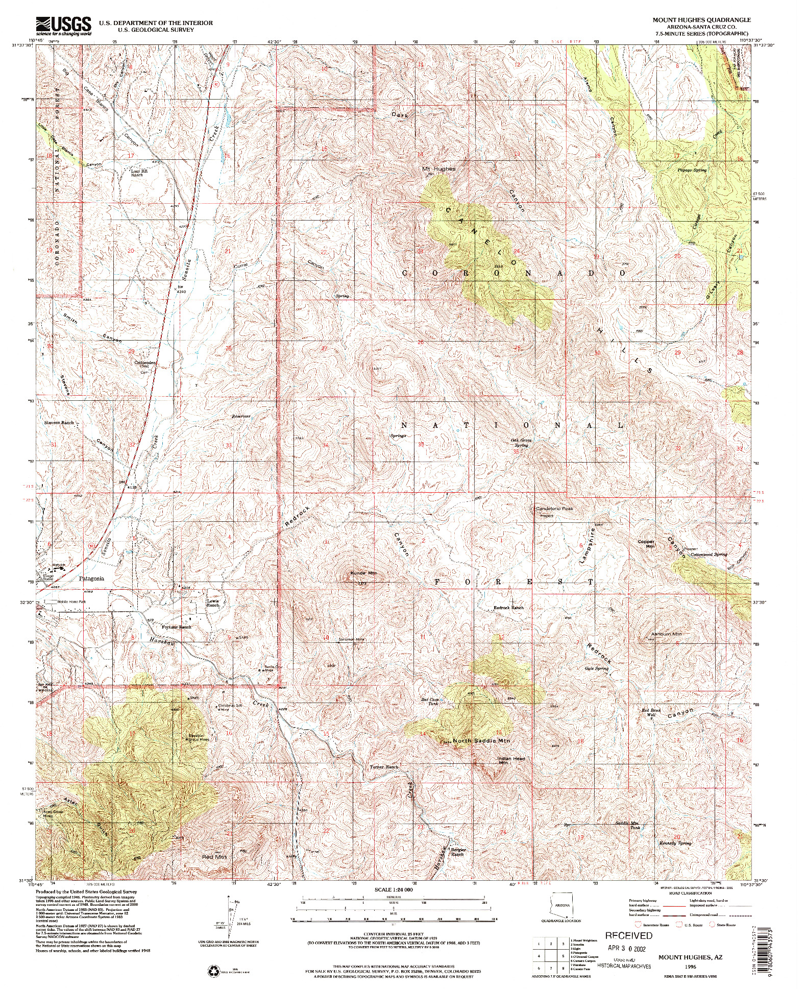USGS 1:24000-SCALE QUADRANGLE FOR MT. HUGHES, AZ 1996