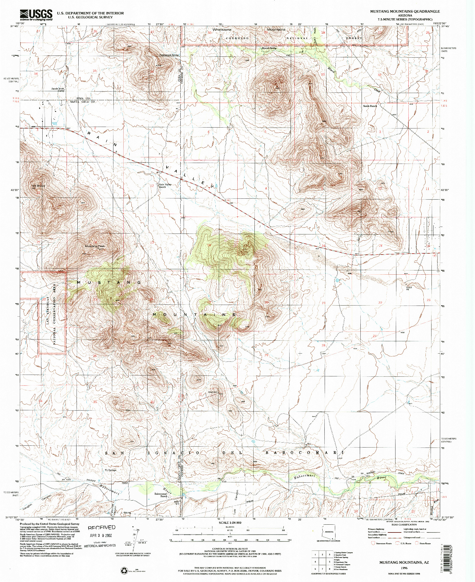 USGS 1:24000-SCALE QUADRANGLE FOR MUSTANG MOUNTAINS, AZ 1996