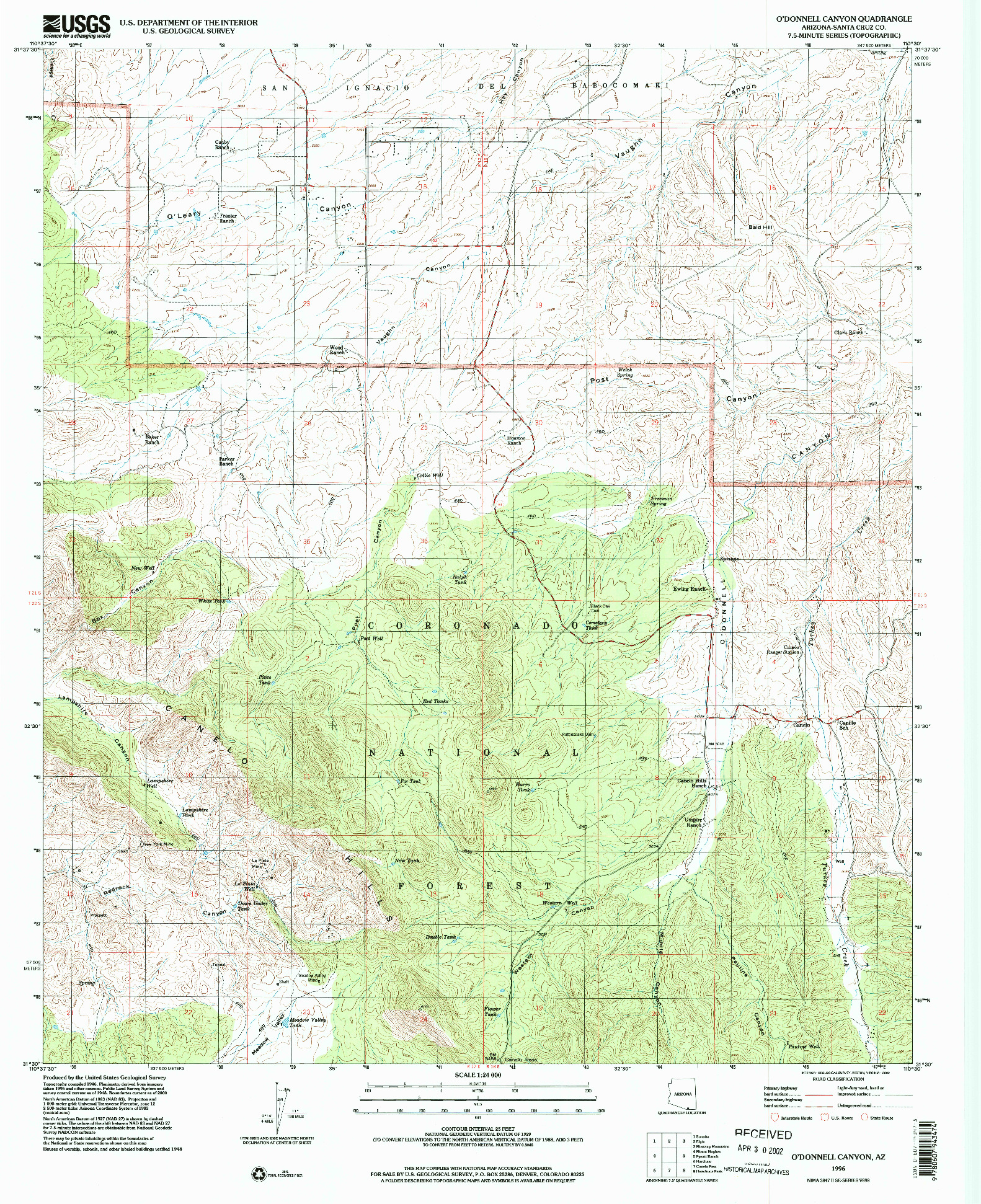 USGS 1:24000-SCALE QUADRANGLE FOR O'DONNELL CANYON, AZ 1996