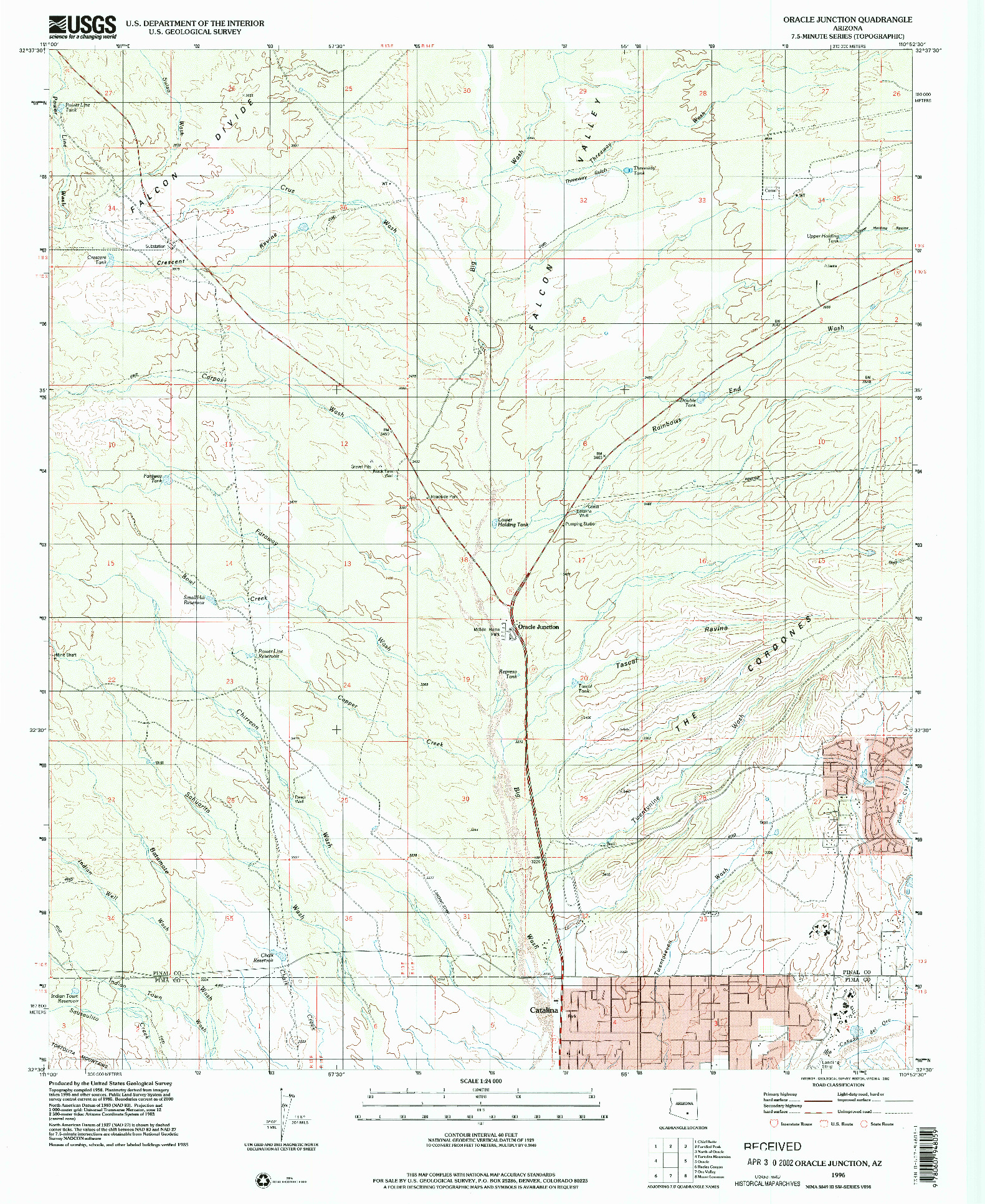 USGS 1:24000-SCALE QUADRANGLE FOR ORACLE JUNCTION, AZ 1996