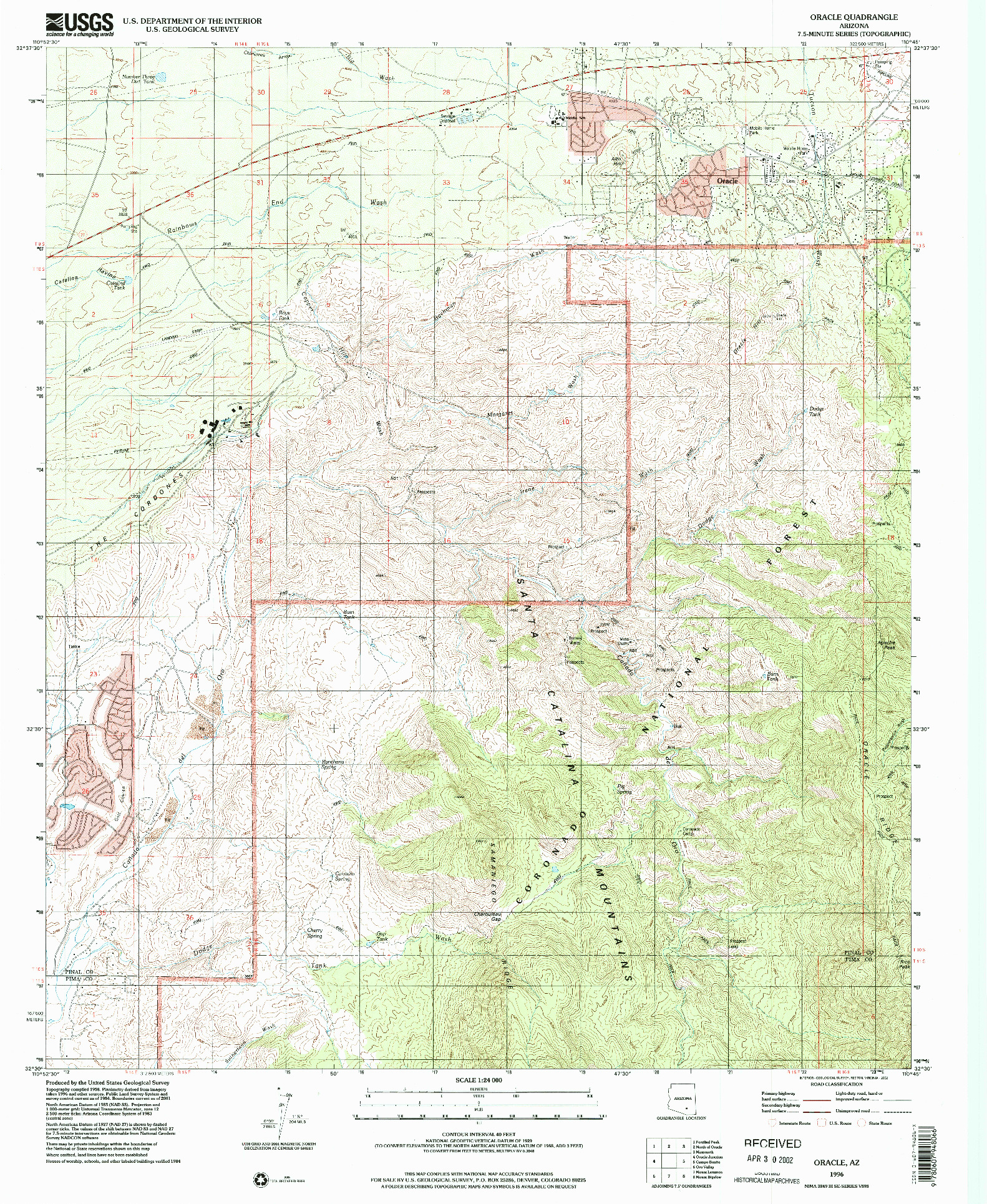 USGS 1:24000-SCALE QUADRANGLE FOR ORACLE, AZ 1996