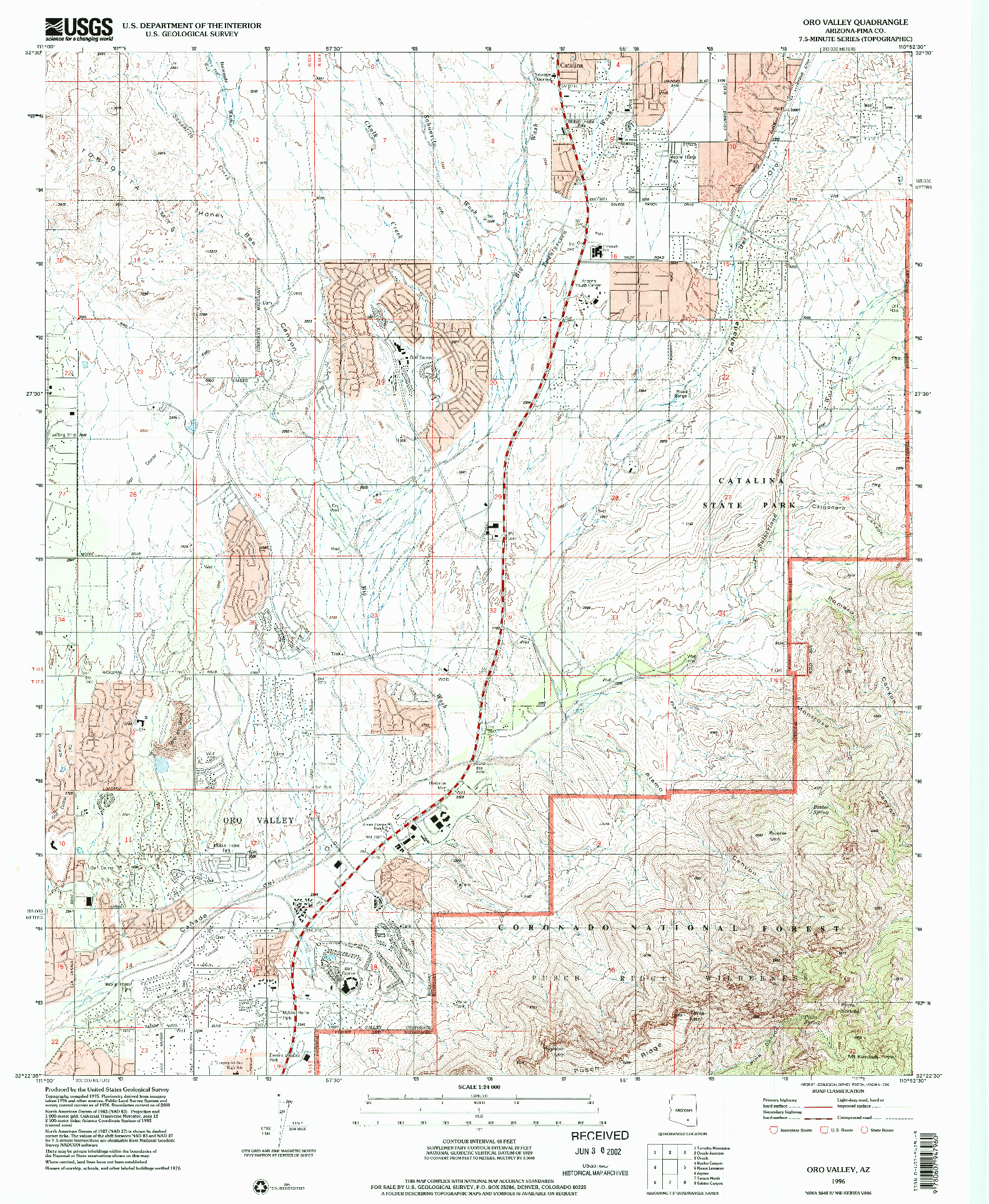 USGS 1:24000-SCALE QUADRANGLE FOR ORO VALLEY, AZ 1996