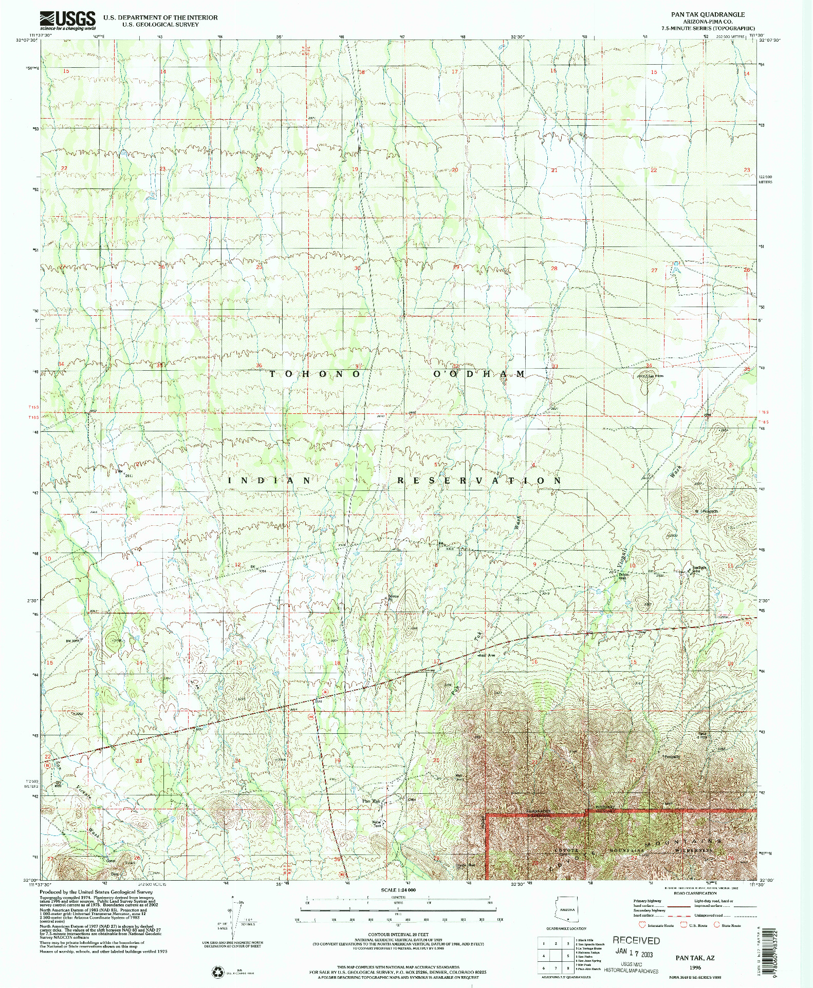 USGS 1:24000-SCALE QUADRANGLE FOR PAN TAK, AZ 1996