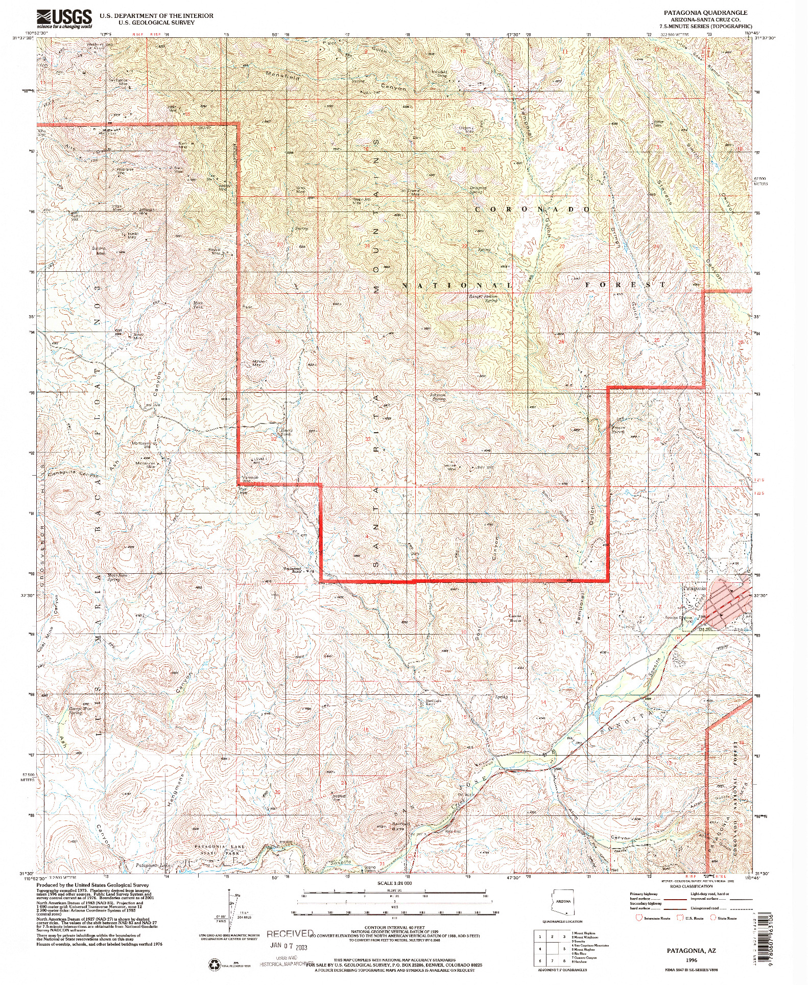 USGS 1:24000-SCALE QUADRANGLE FOR PATAGONIA, AZ 1996