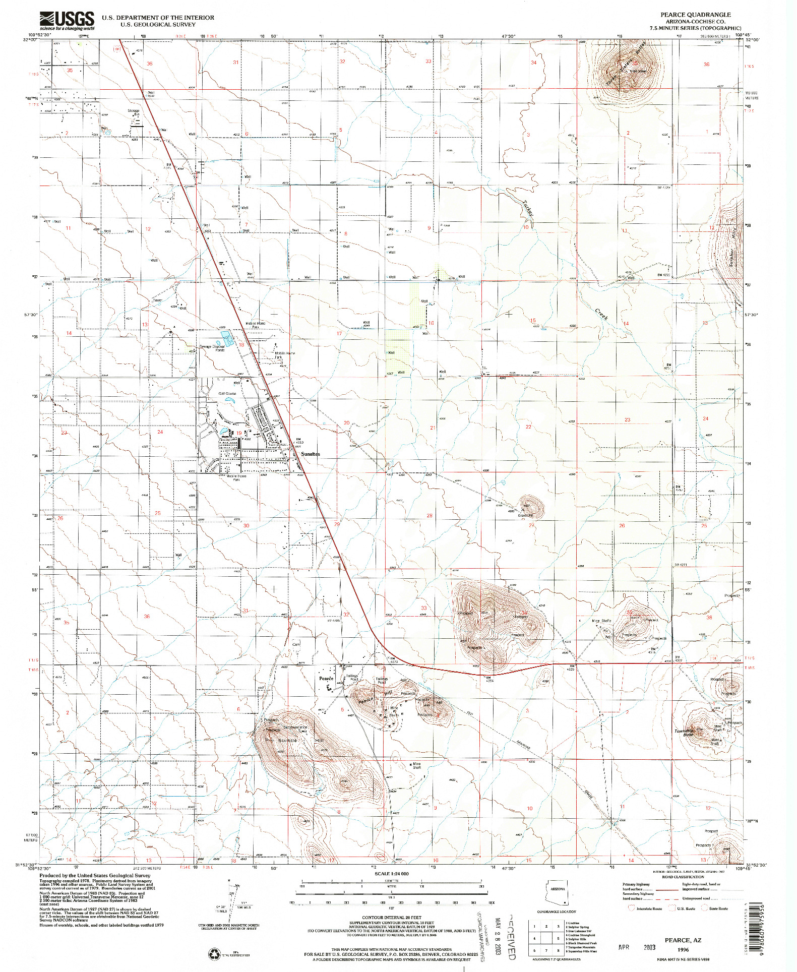 USGS 1:24000-SCALE QUADRANGLE FOR PEARCE, AZ 1996