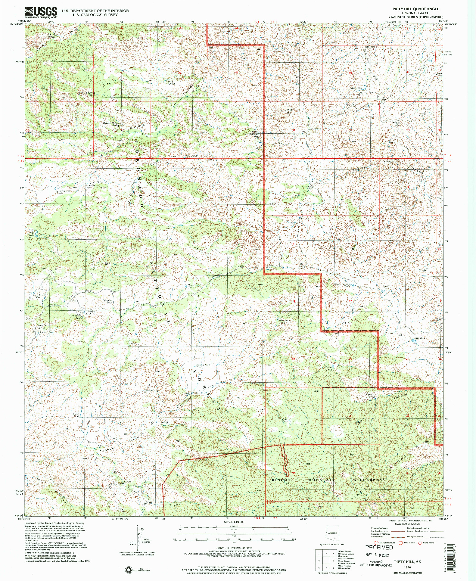 USGS 1:24000-SCALE QUADRANGLE FOR PIETY HILL, AZ 1996