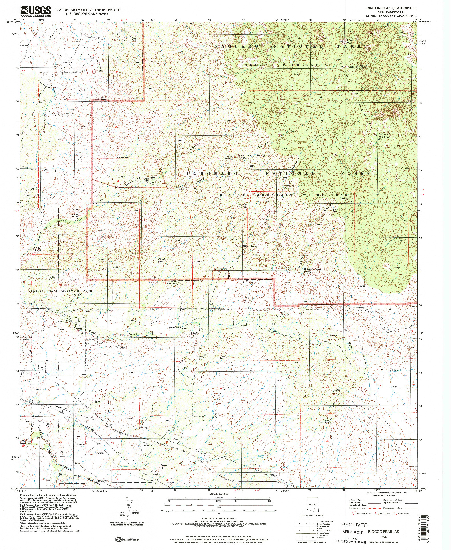 USGS 1:24000-SCALE QUADRANGLE FOR RINCON PEAK, AZ 1996