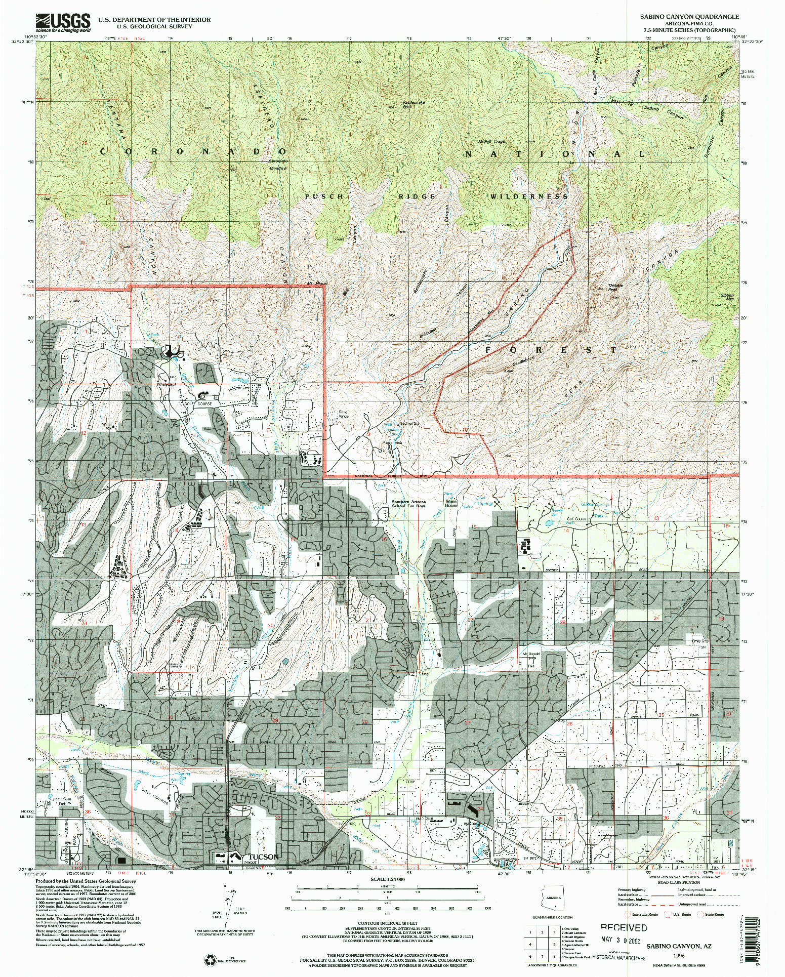 USGS 1:24000-SCALE QUADRANGLE FOR SABINO CANYON, AZ 1996