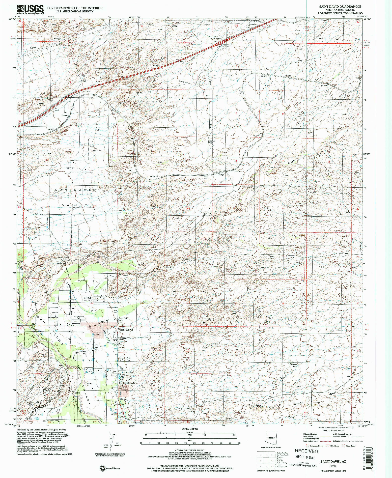USGS 1:24000-SCALE QUADRANGLE FOR SAINT DAVID, AZ 1996